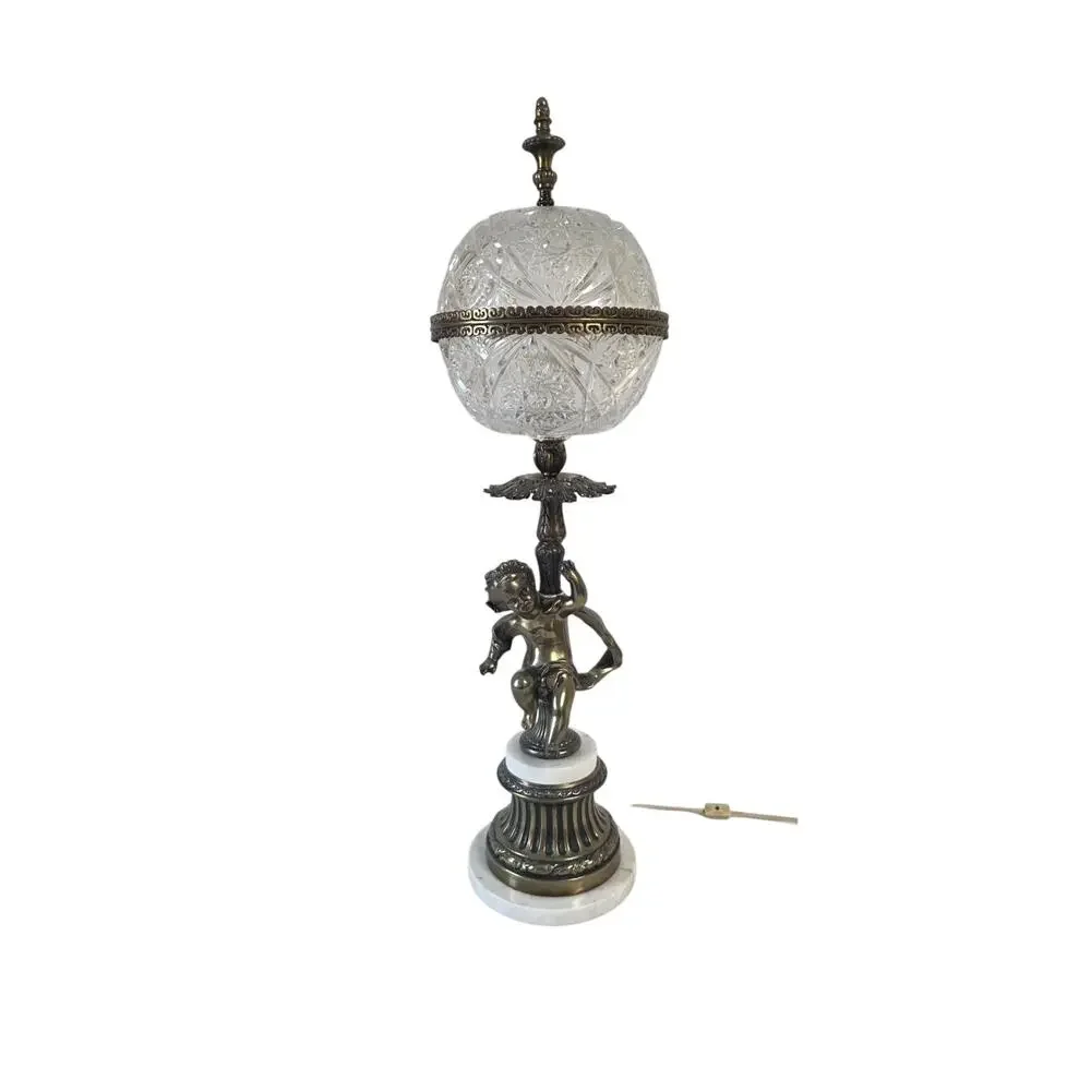 Pair Vintage Hollywood Regency Cherub Crystal Globe Table Lamps Brass Marble